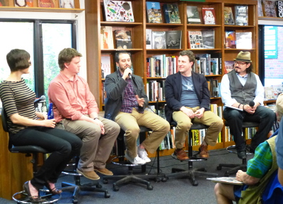 Eleanor Davis, left, Nathan Hale, Andrés Vera Martínez, and Mark Siegel with moderator Michael Cavna at Politics & Prose on April 27